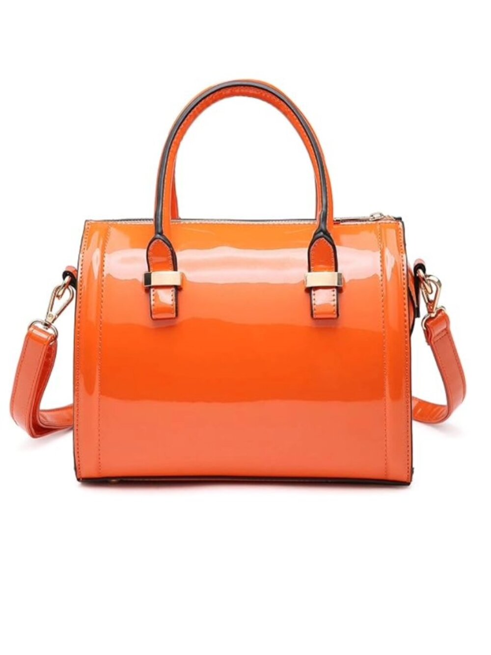 Women's Shiny Patent Faux Leather Handbag Barrel Top Handle, ORANGE